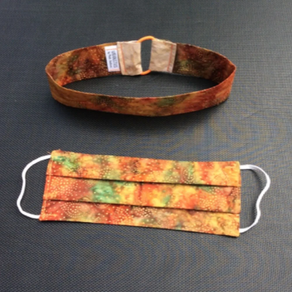 Handmade set bundle: batik burnt orange fabric face mask & matching headband